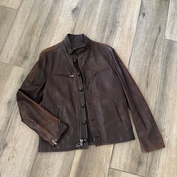 John Varvatos Leather Jacket Mens 48 Brown Leather Bomber Buttons double zip - Picture 3 of 16